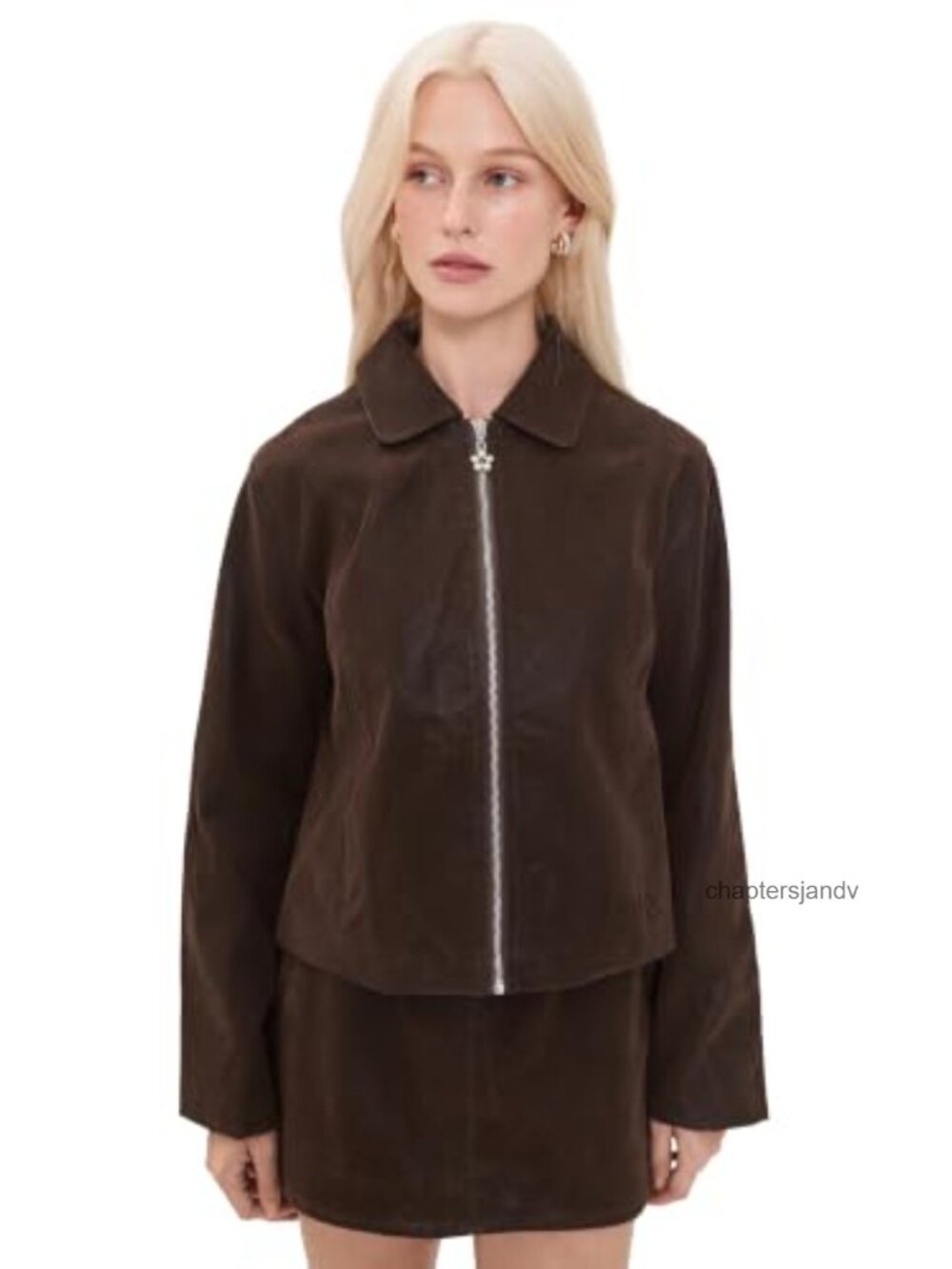 Shyla Faux Suede Jacket Zip Front Collared Long Sleeve Casual